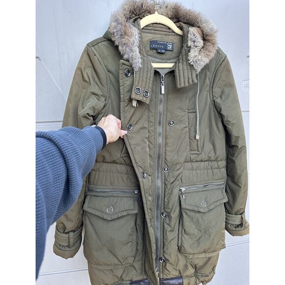 Theory Rabbit Fur Trim Hooded Parka/Anorak Coat Army Green Sz S Winter Outdoors - Picture 6 of 13